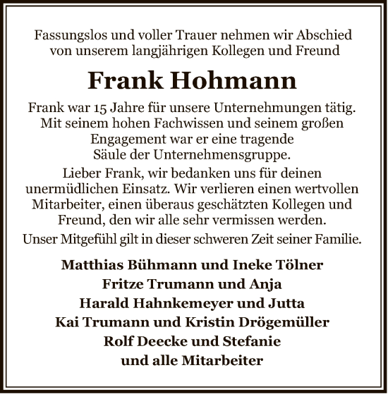 Traueranzeige von Frank Hohmann von UEL