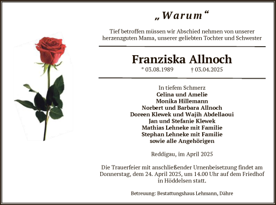 Traueranzeige von Franziska Allnoch von UEL