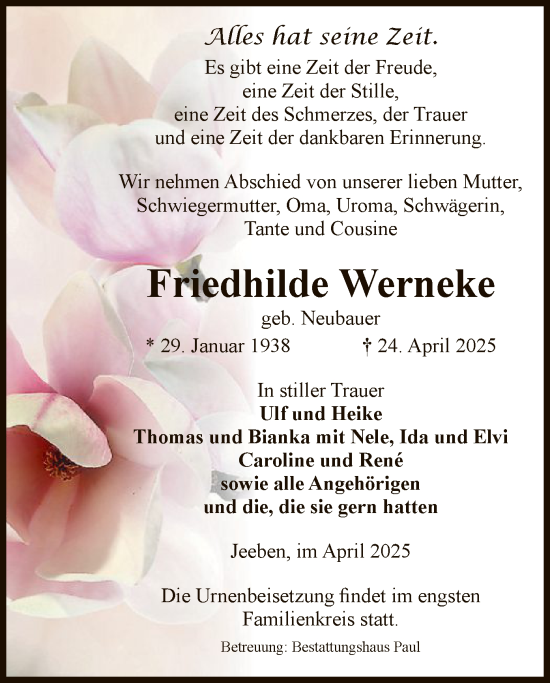 Traueranzeige von Friedhilde Werneke von UEL