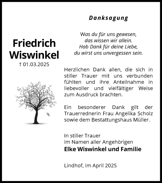 Traueranzeige von Friedrich Wiswinkel von UEL