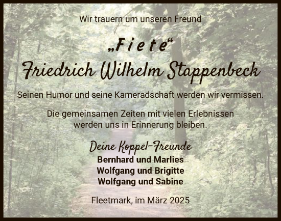 Traueranzeige von Friedrich Wilhelm Stappenbeck von UEL