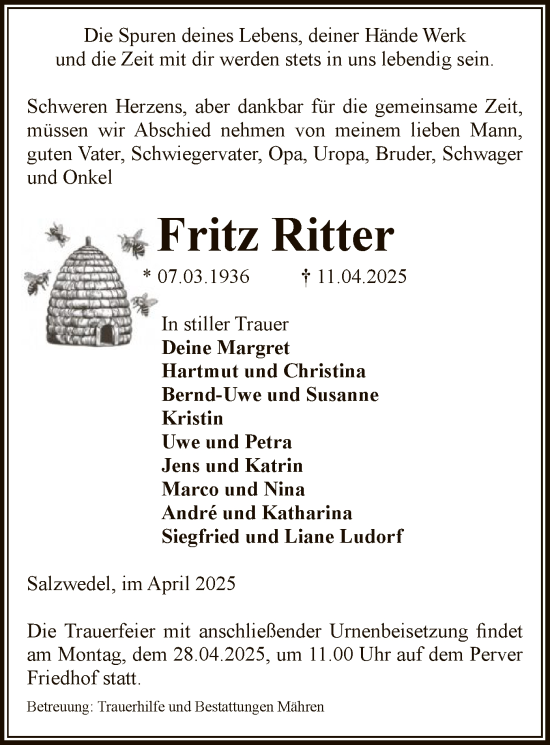 Traueranzeige von Fritz Ritter von UEL