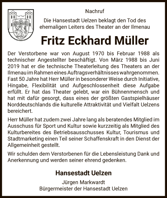 Traueranzeige von Fritz Eckhard Müller von UEL