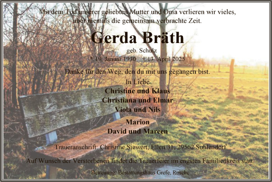 Traueranzeige von Gerda Bräth von UEL