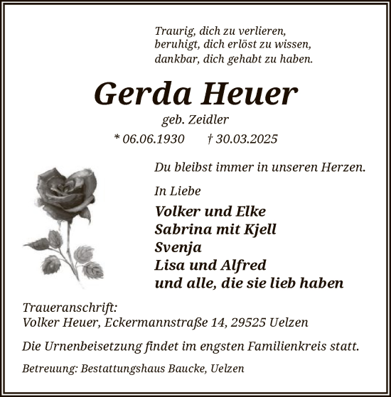 Traueranzeige von Gerda Heuer von UEL
