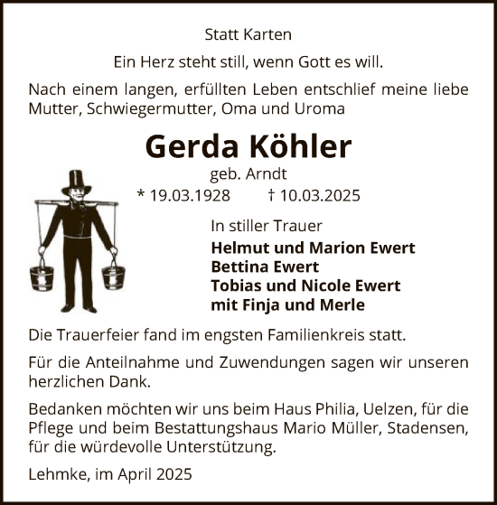 Traueranzeige von Gerda Köhler von UEL
