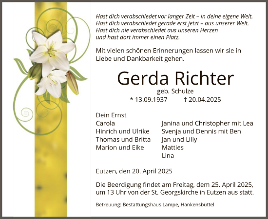 Traueranzeige von Gerda Richter von UEL