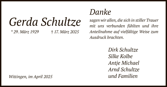 Traueranzeige von Gerda Schultze von UEL