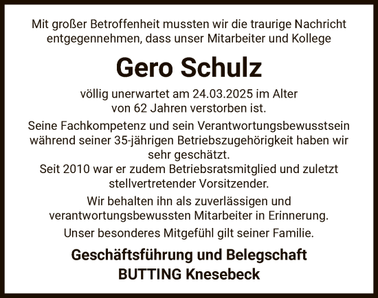 Traueranzeige von Gero Schulz von UEL