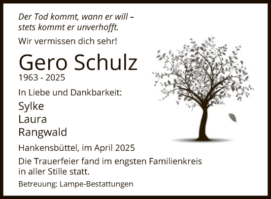Traueranzeige von Gero Schulz von UEL