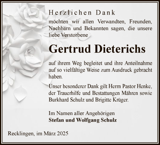 Traueranzeige von Gertrud Dieterichs von UEL