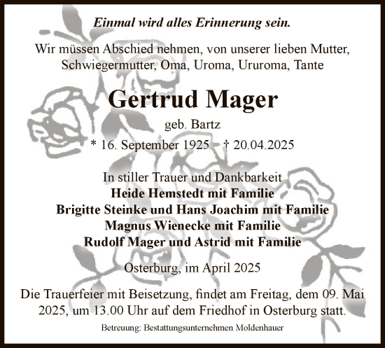 Traueranzeige von Gertrud Mager von UEL