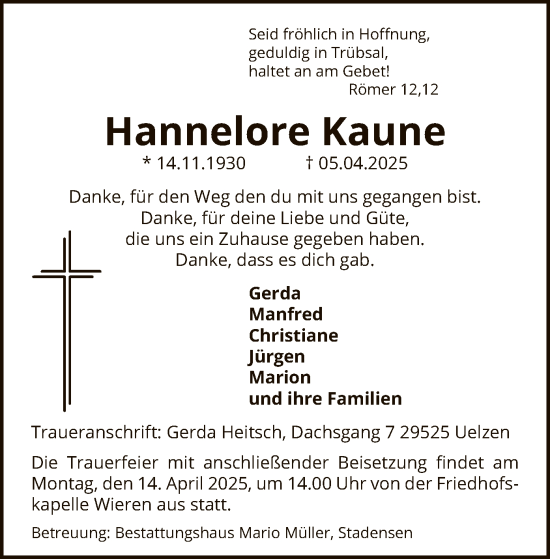Traueranzeige von Hannelore Kaune von UEL