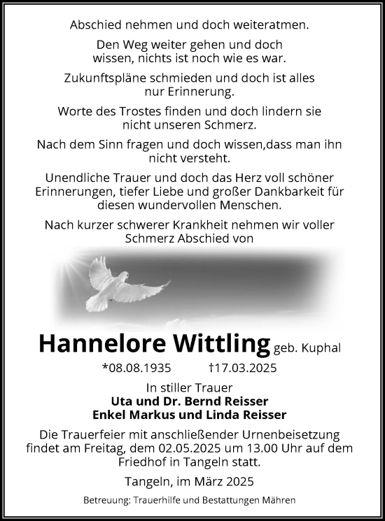 Traueranzeige von Hannelore Wittling von UEL
