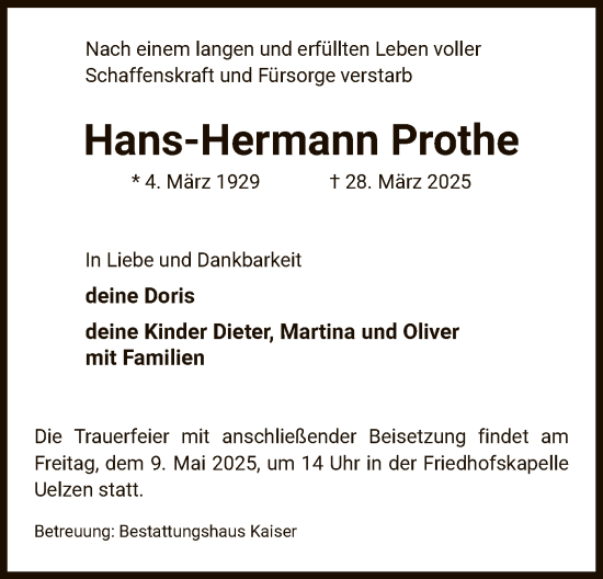 Traueranzeige von Hans-Hermann Prothe von UEL