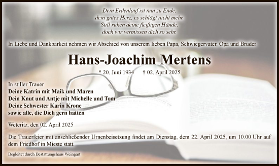 Traueranzeige von Hans-Joachim Mertens von UEL