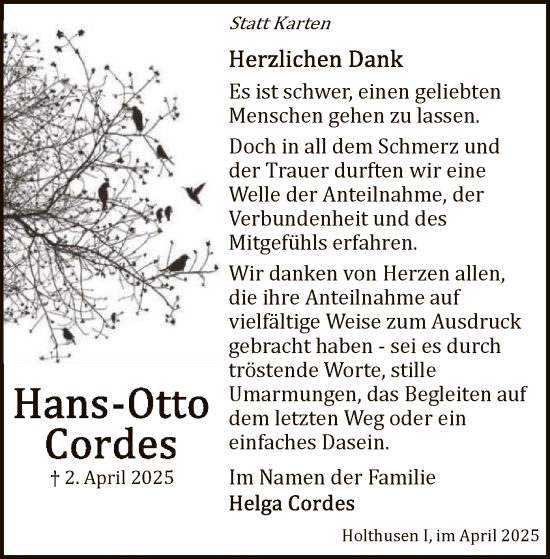 Traueranzeige von Hans-Otto Cordes von UEL