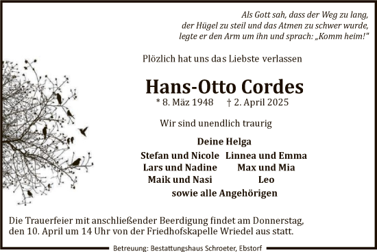 Traueranzeige von Hans-Otto Cordes von UEL