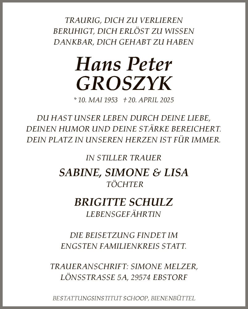  Traueranzeige für Hans Peter Groszyk vom 26.04.2025 aus UEL
