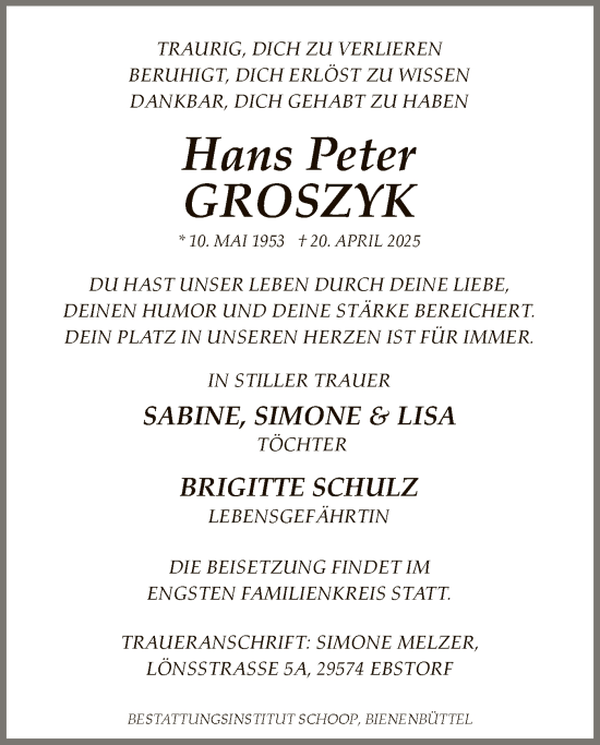 Traueranzeige von Hans Peter Groszyk von UEL