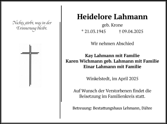 Traueranzeige von Heidelore Lahmann von UEL