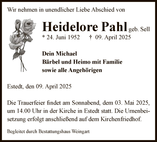 Traueranzeige von Heidelore Pahl von UEL