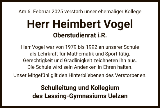 Traueranzeige von Heimbert Vogel von UEL