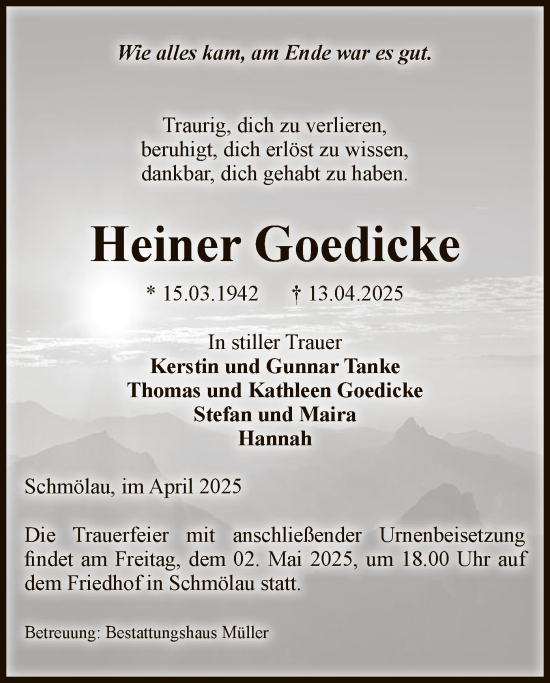 Traueranzeige von Heiner Goedicke von UEL