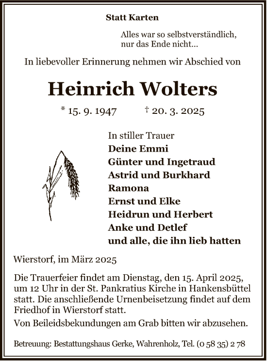Traueranzeige von Heinrich Wolters von UEL