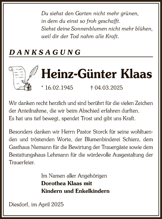 Traueranzeige von Heinz-Günter Klaas von UEL