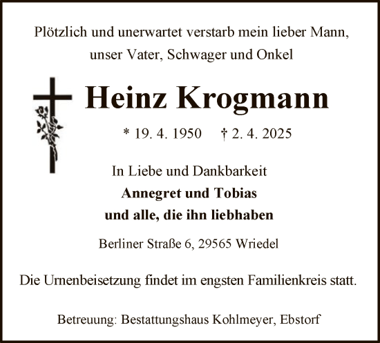 Traueranzeige von Heinz Krogmann von UEL