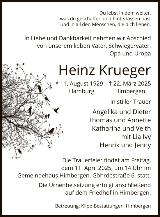 Traueranzeige von Heinz Krueger von UEL