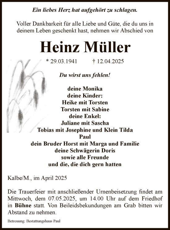 Traueranzeige von Heinz Müller von UEL