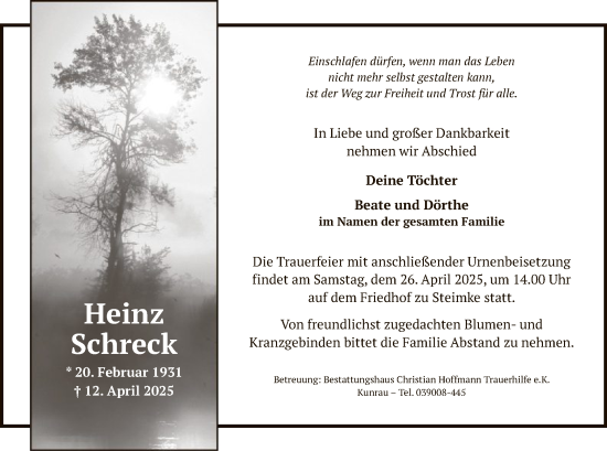 Traueranzeige von Heinz Schreck von UEL