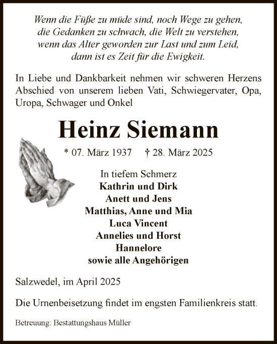 Traueranzeige von Heinz Siemann von UEL