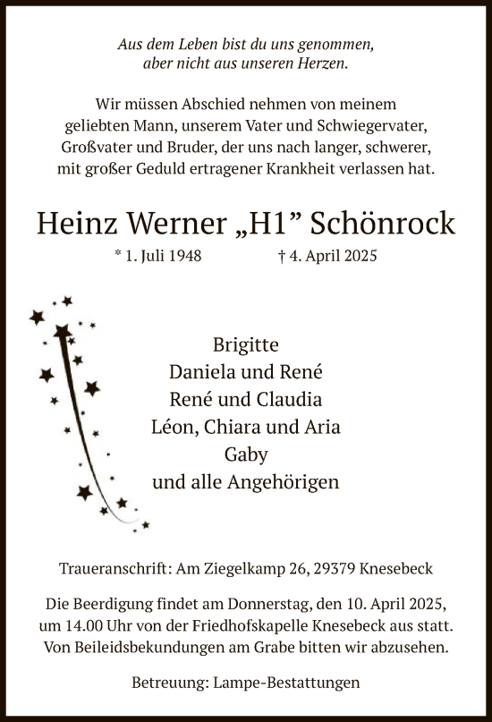 Traueranzeige von Heinz Werner Schönrock von UEL