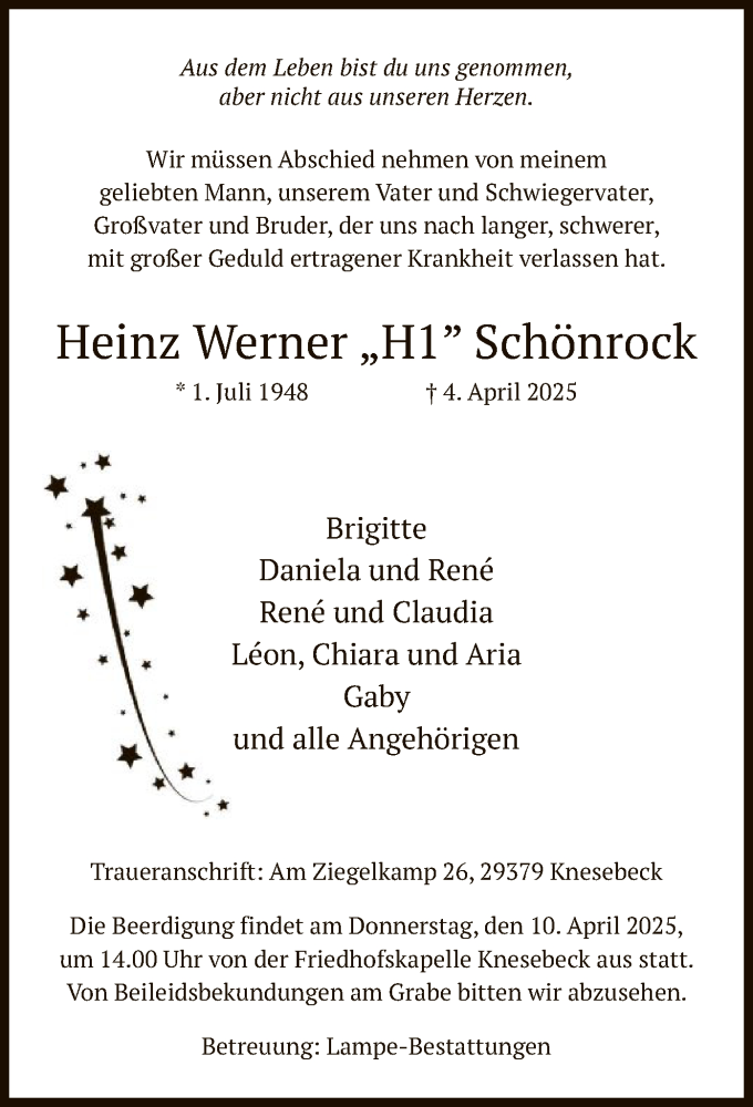  Traueranzeige für Heinz Werner Schönrock vom 08.04.2025 aus UEL