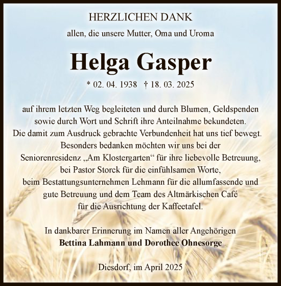 Traueranzeige von Helga Gasper von UEL