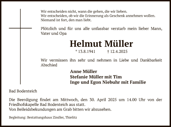 Traueranzeige von Helmut Müller von UEL