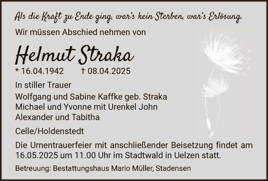 Traueranzeige von Helmut Straka von UEL