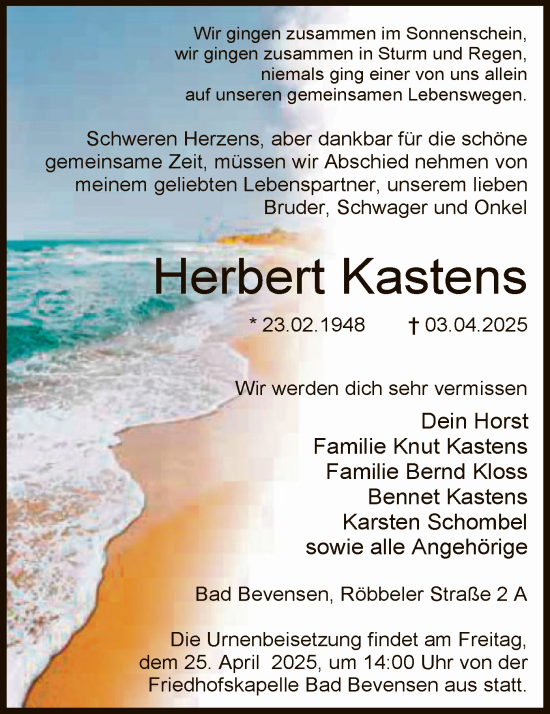 Traueranzeige von Herbert Kastens von UEL