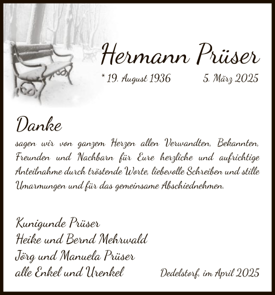 Traueranzeige von Hermann Prüser von UEL