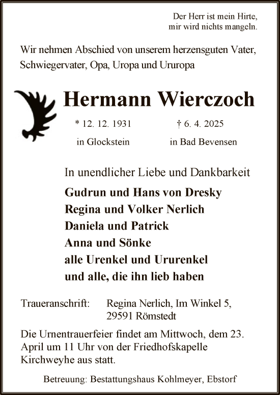 Traueranzeige von Hermann Wierczoch von UEL