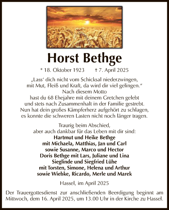 Traueranzeige von Horst Bethge von UEL
