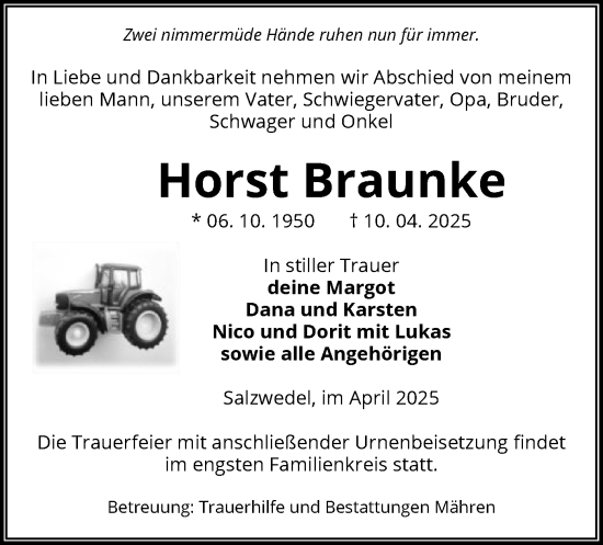 Traueranzeige von Horst Braunke von UEL