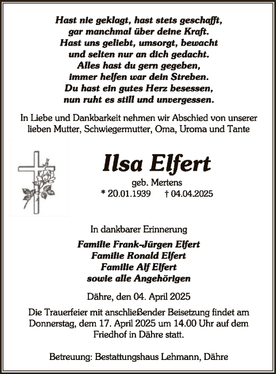 Traueranzeige von Ilsa Elfert von UEL