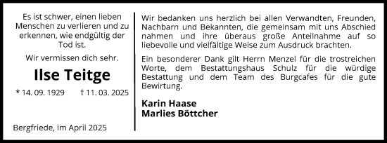Traueranzeige von Ilse Teitge von UEL