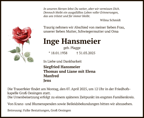 Traueranzeige von Inge Hansmeier von UEL