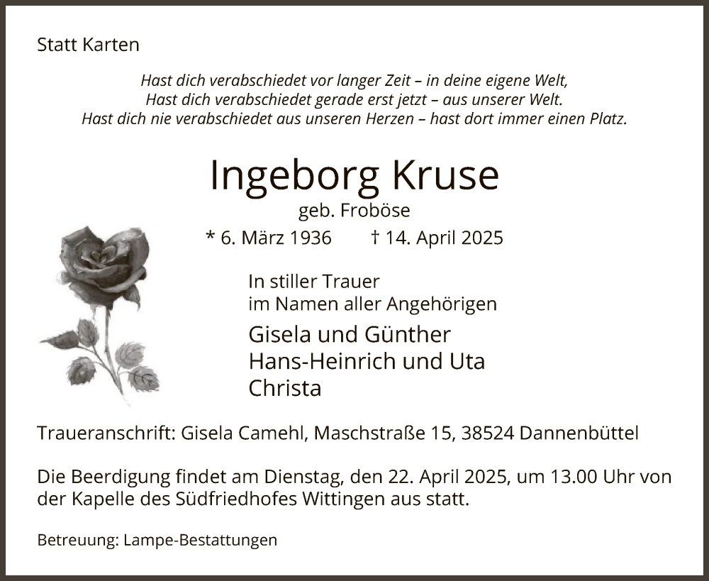  Traueranzeige für Ingeborg Kruse vom 17.04.2025 aus UEL