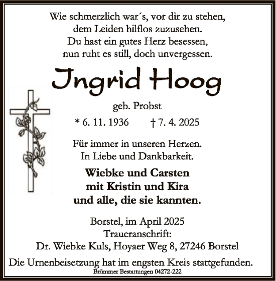 Traueranzeige von Ingrid Hoog von UEL